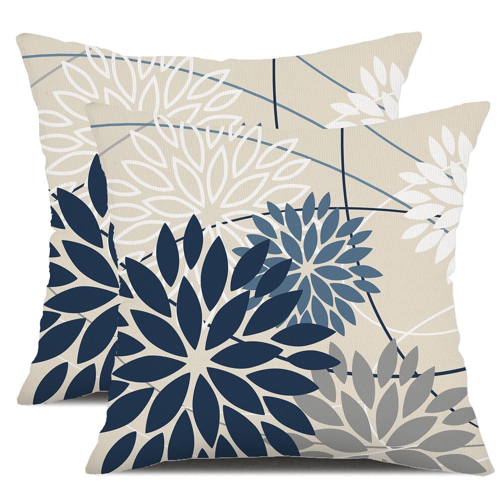 5859 Blue and Gray Floral Pillow Covers 24x24 Set of 2 Outdoor Waterproof